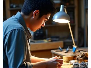 創業当時の小さな工房で精密部品を検査する様子
