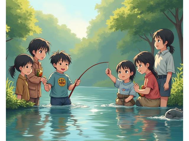 子供たちが釣りを体験している様子。大人が優しく指導している。