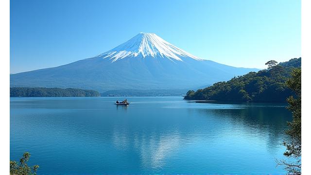 富士山を背景にした河口湖でのボートフィッシング