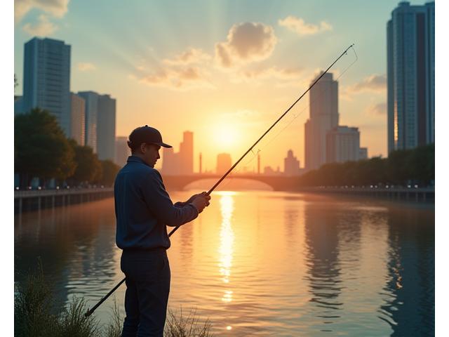 都会のビル群を背景に、夕暮れ時の川辺でライトタックルを構えるアングラー