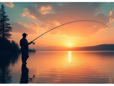 早朝の湖で釣りをする人のシルエット