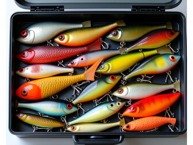 様々な色と形状の競技用ルアーが整然と並べられた様子