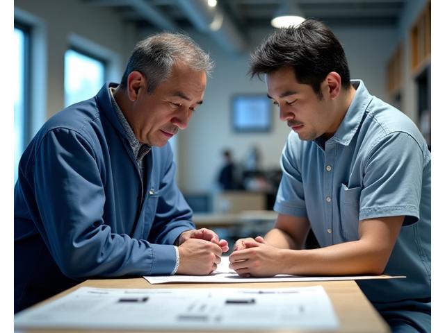 技術者とアングラーが釣具について相談する様子